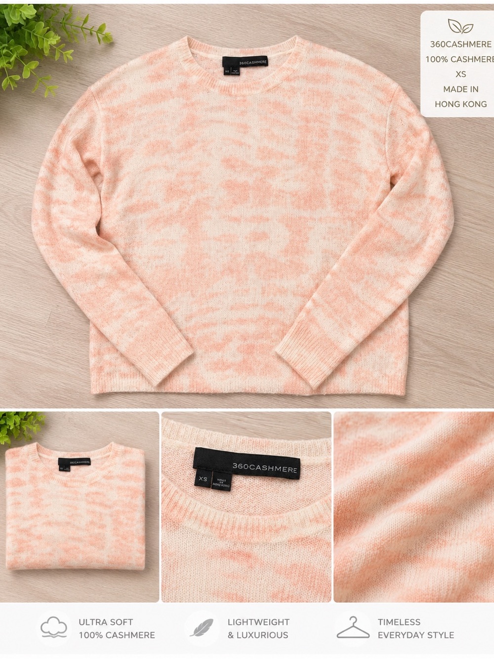 360 Cashmere Peach and Cream Crewneck Cashmere Sweater